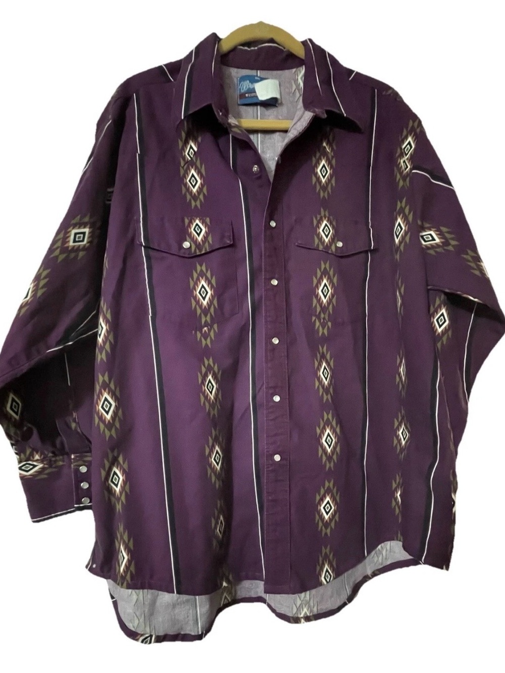 Wrangler Western Pearl Snap  Aztec Shirt Eggplant Size XXL Rockabilly Cowboy Y2K